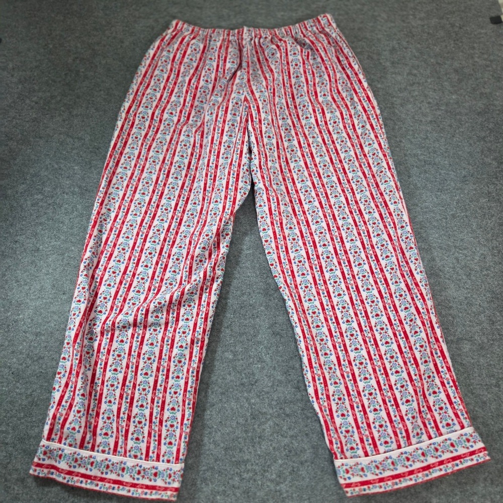 Lanz of Salzburg Women L Pajama Pants Red Floral Heart Stripe Cotton Flannel - Picture 7 of 9